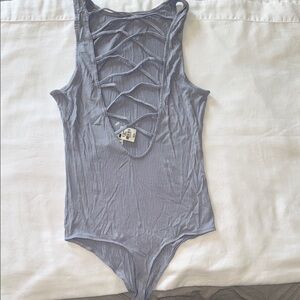 PINK Victoria's Secret Gray and Blue Seamless Bodysuit with Geometric Design